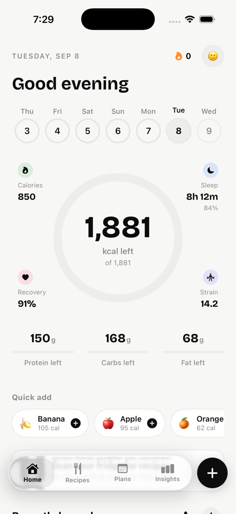BetterBite home screen with WHOOP recovery, strain, sleep and calories burned arranged around the calorie ring